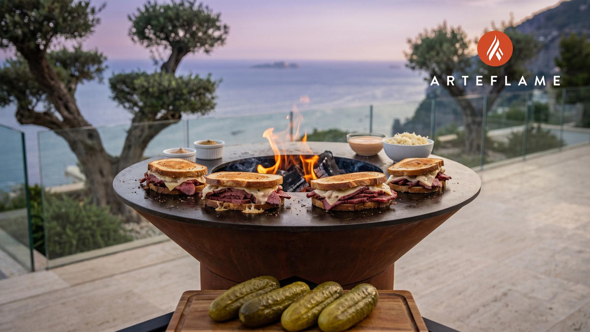 Grilled Pastrami Sandwich (New York Katz Style) cooking on an Arteflame grill
