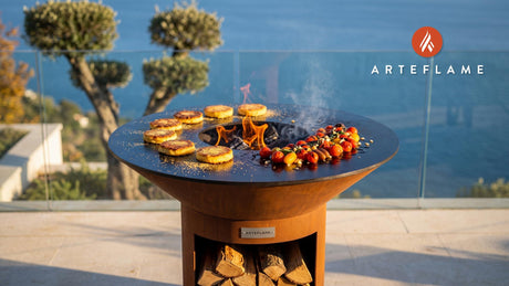 Crispy Grits Cakes & Charred Tomatoes (North Carolina Style) cooking on an Arteflame grill