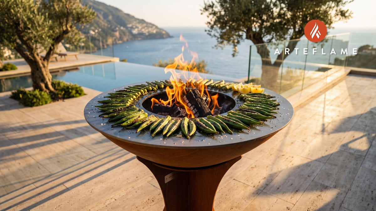 Charred Grilled Okra with Sea Salt (North Carolina Style) cooking on an Arteflame grill