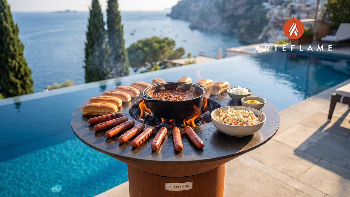 Sweet & Spicy Hot Dogs (North Carolina Style) cooking on an Arteflame grill