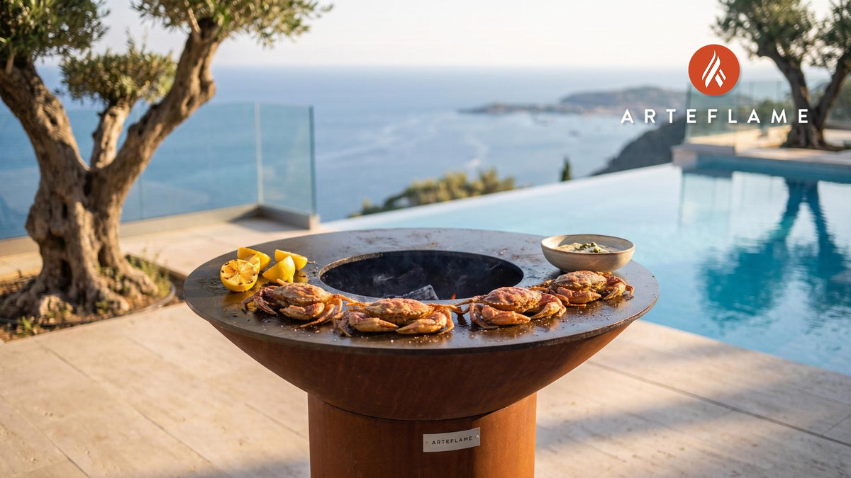 Grilled Soft Shell Crab with Remoulade (North Carolina Style) cooking on an Arteflame grill
