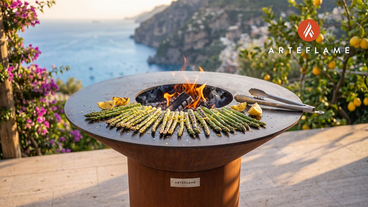 Grilled Asparagus with Lemon Zest (North Carolina Style) cooking on an Arteflame grill