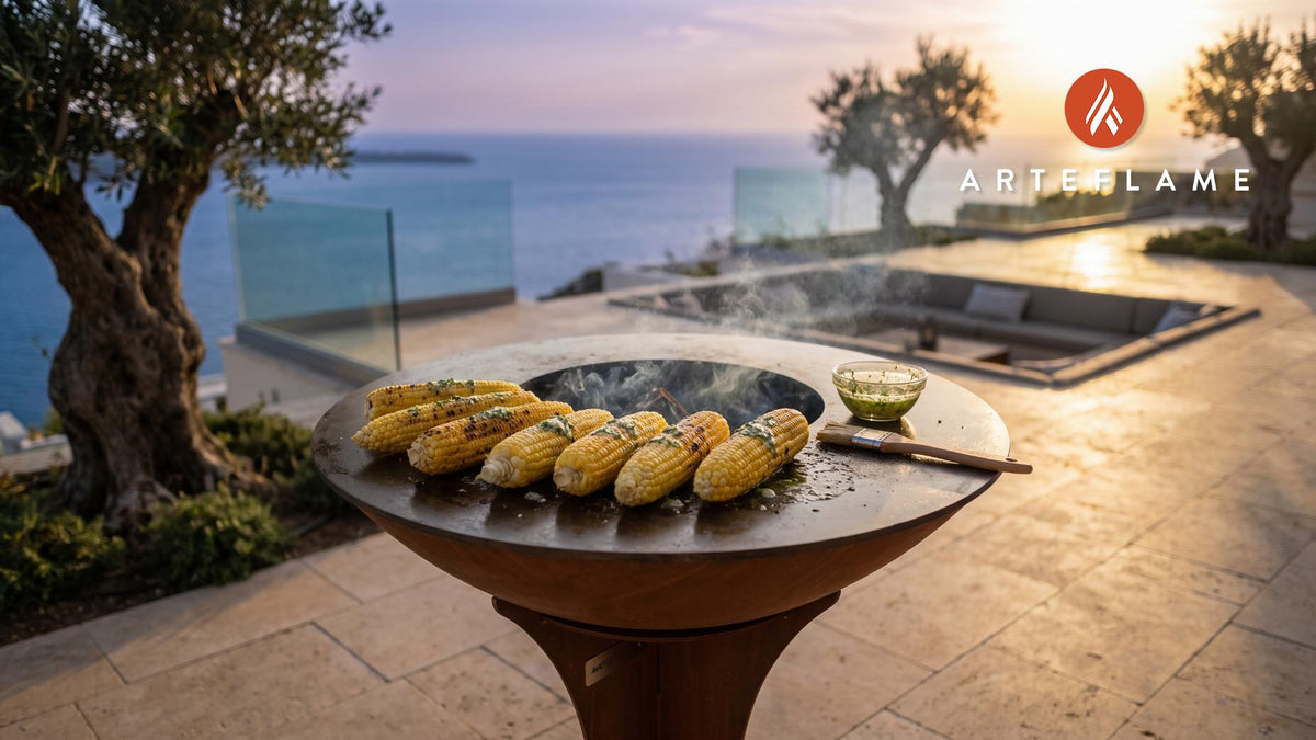 Grilled Sweet Corn with Herb Butter (North Dakota Style) cooking on an Arteflame grill
