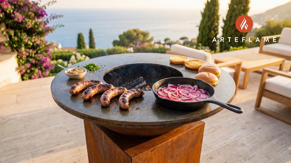 Grilled Deer Sausage & Pickled Onions (North Dakota Style) cooking on an Arteflame grill