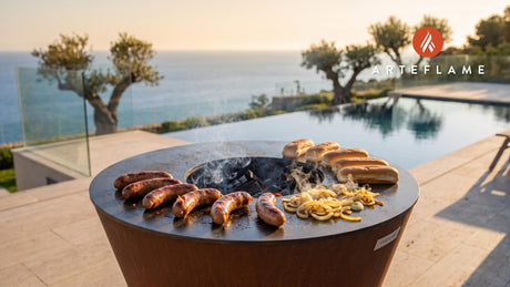 Grilled Smoked Cheddar Brats (North Dakota Style) cooking on an Arteflame grill