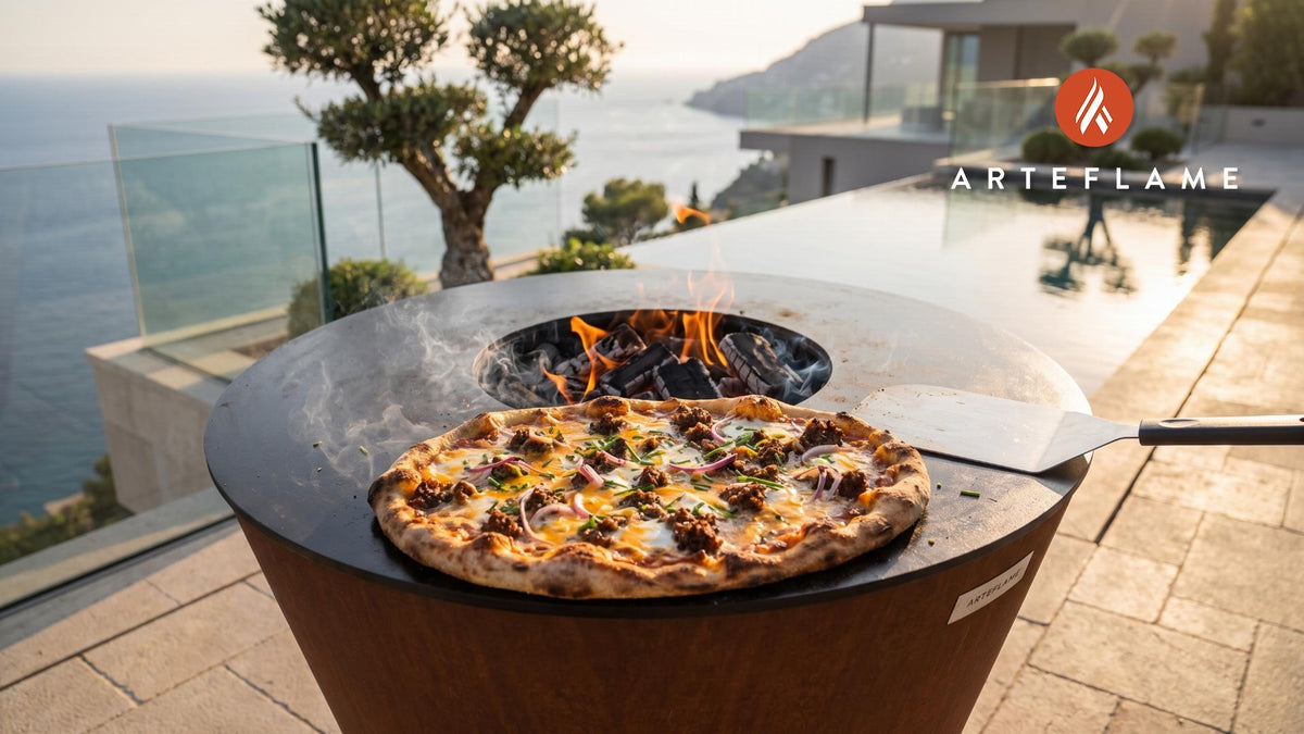 Grilled Bison & Cheddar Pizza (North Dakota Style) cooking on an Arteflame grill