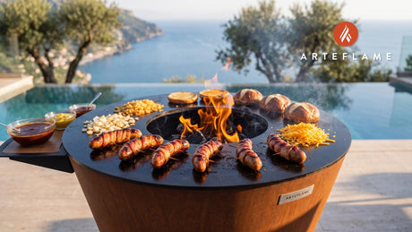 Grilled Bacon Wrapped Brats (Ohio Buckeye Style) cooking on an Arteflame grill
