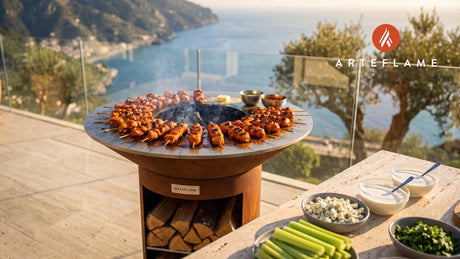 Grilled Buffalo Chicken Skewers (Ohio Style) cooking on an Arteflame grill