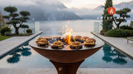 Bison Burgers with Smoked Cheddar (Oklahoma Style) cooking on an Arteflame grill