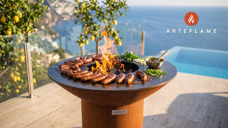 Grilled Deer Sausage with Mustard Glaze (Oklahoma Style) cooking on an Arteflame grill