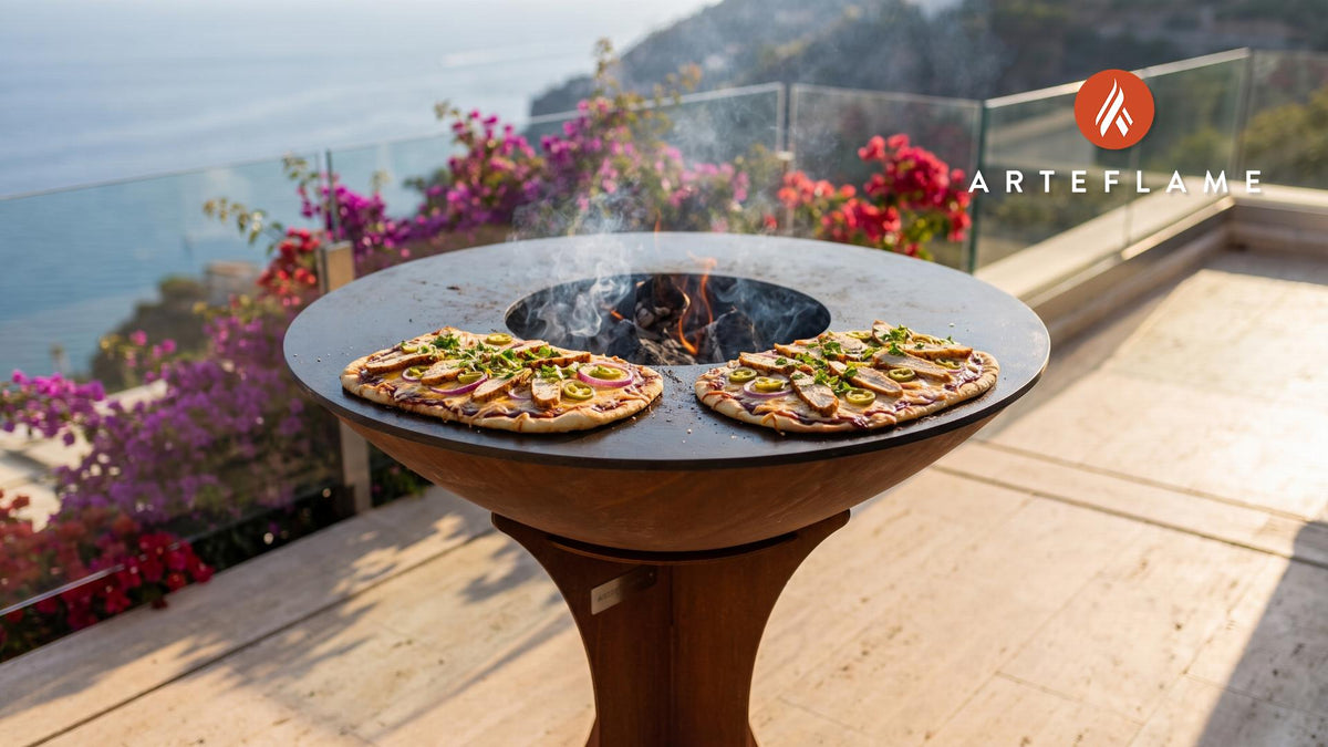 Grilled BBQ Chicken Flatbread (Oklahoma Style) cooking on an Arteflame grill
