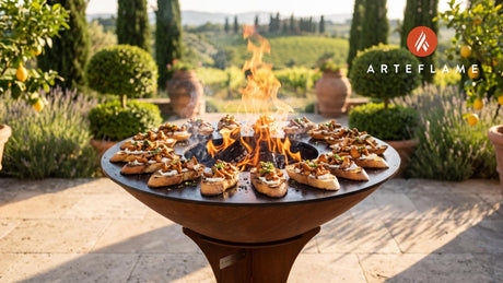 Grilled Chanterelle Bruschetta with Goat Cheese (Oregon Style) cooking on an Arteflame grill