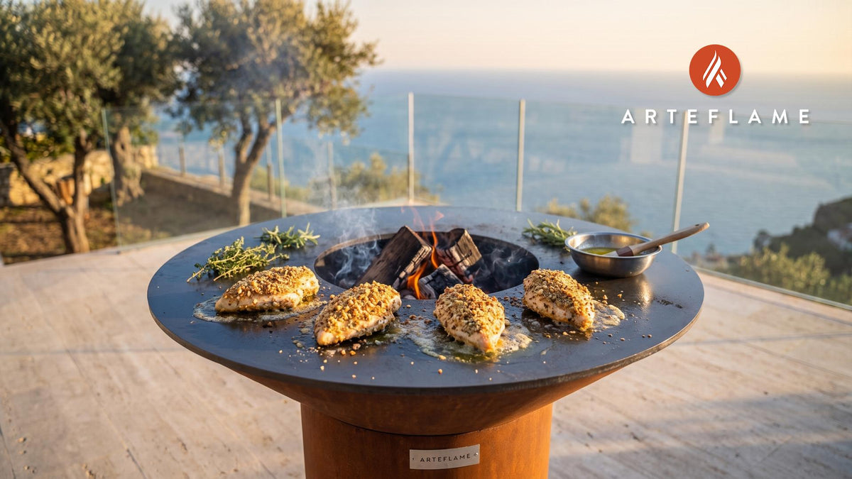 Grilled Hazelnut Crusted Chicken (Oregon Style) cooking on an Arteflame grill