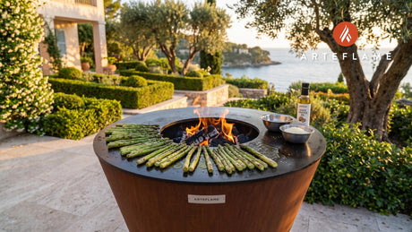 Grilled Asparagus with Truffle Oil (Oregon Style) cooking on an Arteflame grill