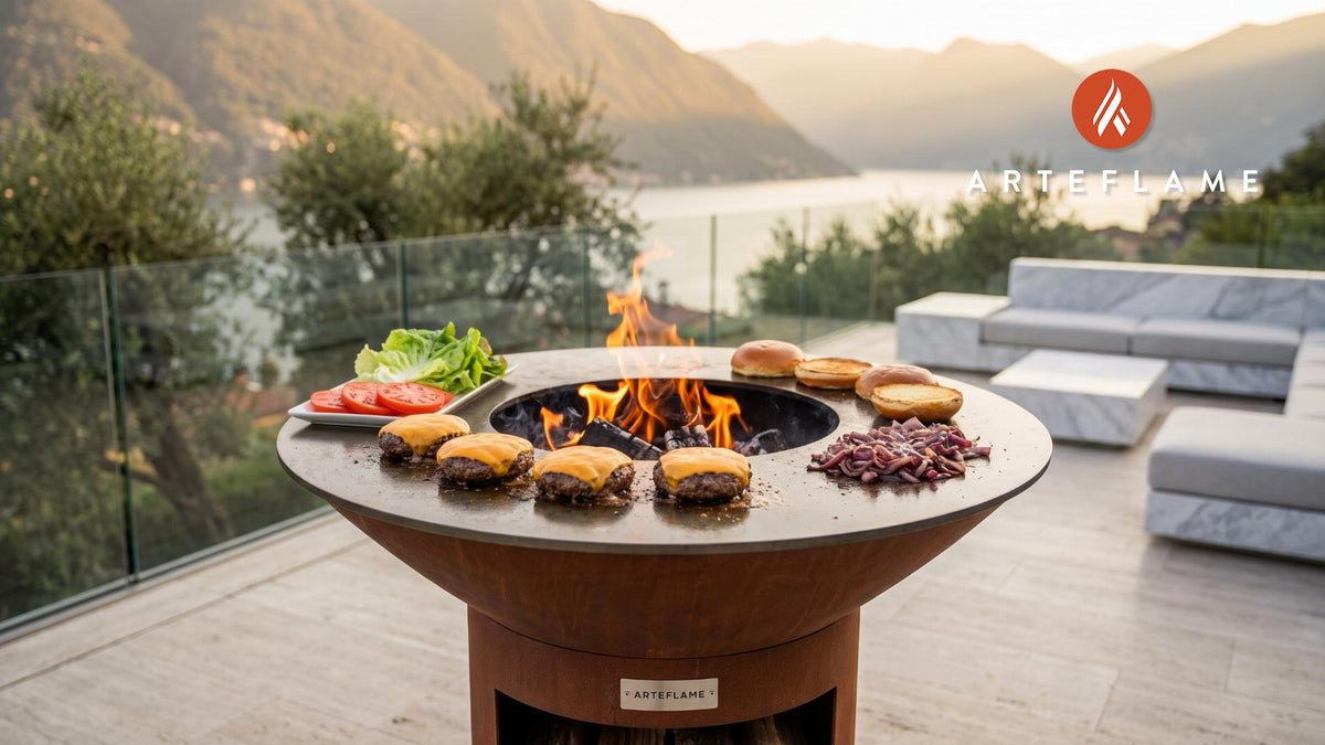 Bison Burgers with Tillamook Cheddar (Oregon Style) cooking on an Arteflame grill