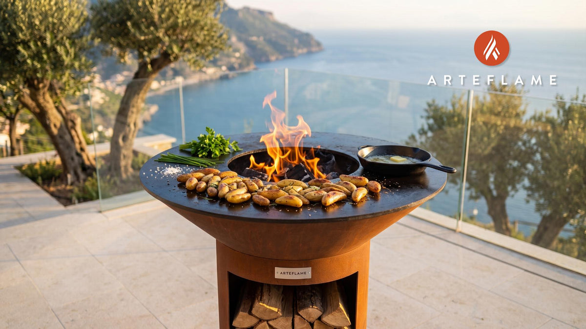 Fire Roasted Fingerling Potatoes (Oregon Style) cooking on an Arteflame grill