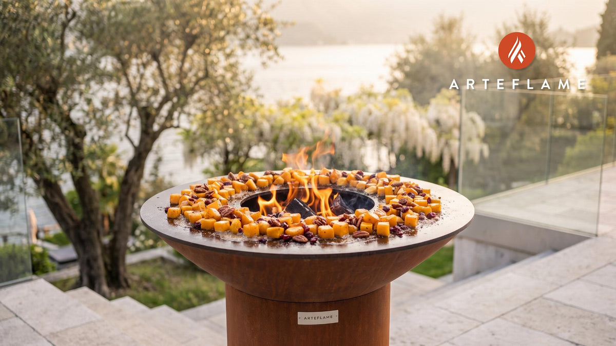 Grilled Butternut Squash & Candied Pecans (Oregon Style) cooking on an Arteflame grill
