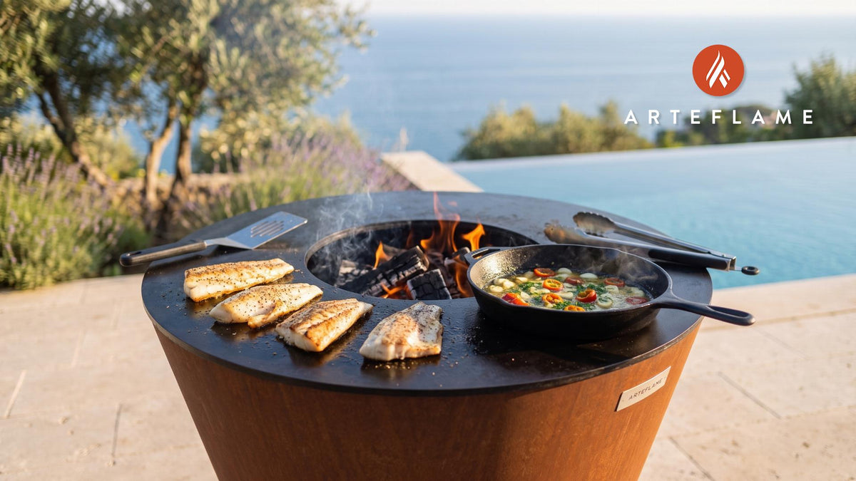 Wood-Fired Grilled Fish (Rhode Island Style) cooking on an Arteflame grill
