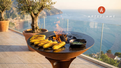Grilled Corn with Garlic Herb Butter (Rhode Island Style) cooking on an Arteflame grill