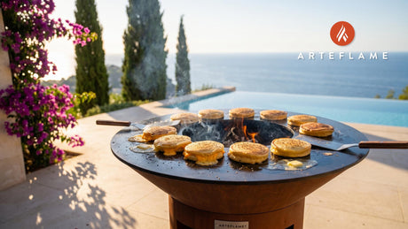 Grilled Cheese Stuffed Jonnycakes (Rhode Island Style) cooking on an Arteflame grill