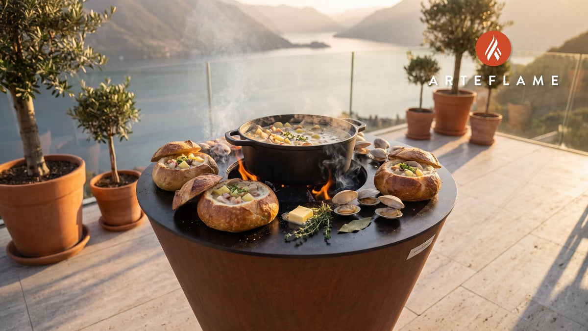 Grilled Quahog Chowder Bread Bowls (Rhode Island Style) cooking on an Arteflame grill