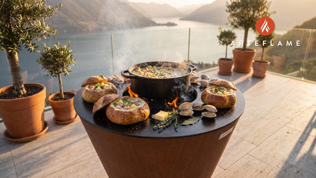 Grilled Quahog Chowder Bread Bowls (Rhode Island Style) cooking on an Arteflame grill