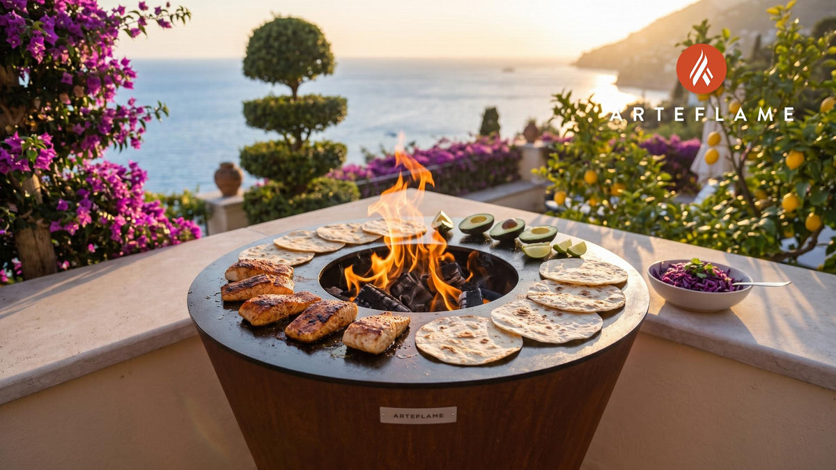 Grilled Mahi-Mahi Tacos (Rhode Island Style) cooking on an Arteflame grill