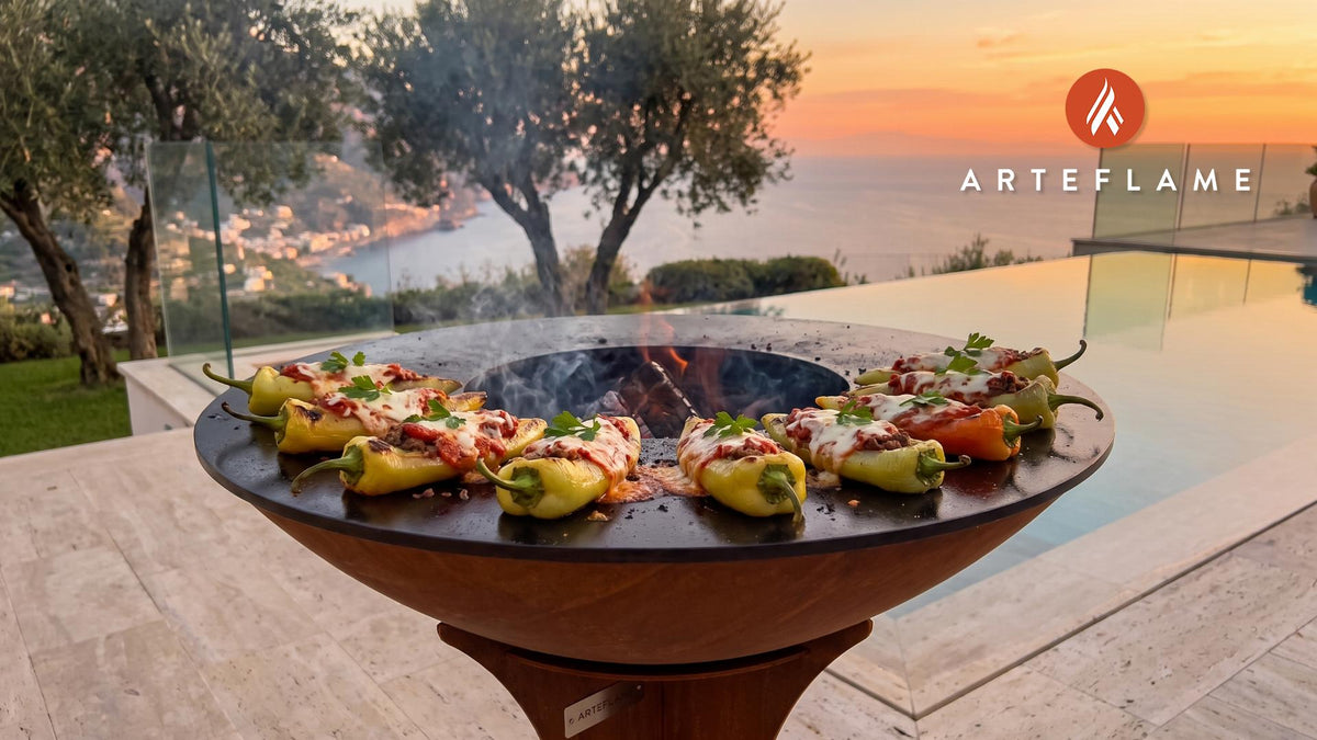 Grilled Stuffed Banana Peppers (Rhode Island Style) cooking on an Arteflame grill