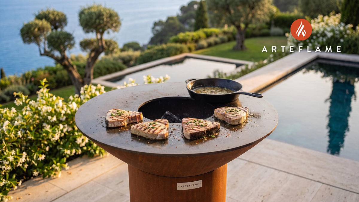 Grilled Swordfish Steaks (Rhode Island Style) cooking on an Arteflame grill