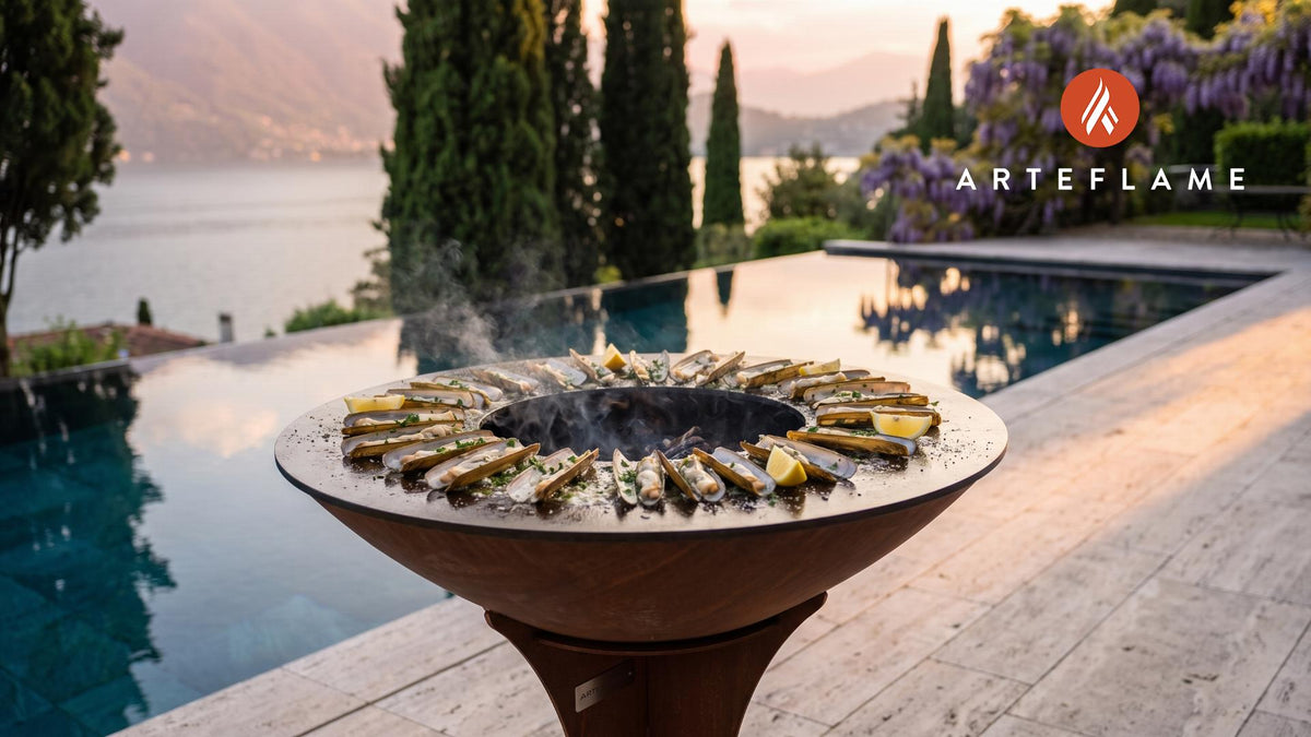 Grilled Razor Clams (Rhode Island Style) cooking on an Arteflame grill