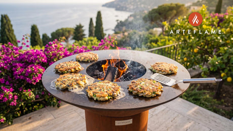 Crispy Grilled Clam Pancakes (Rhode Island Style) cooking on an Arteflame grill