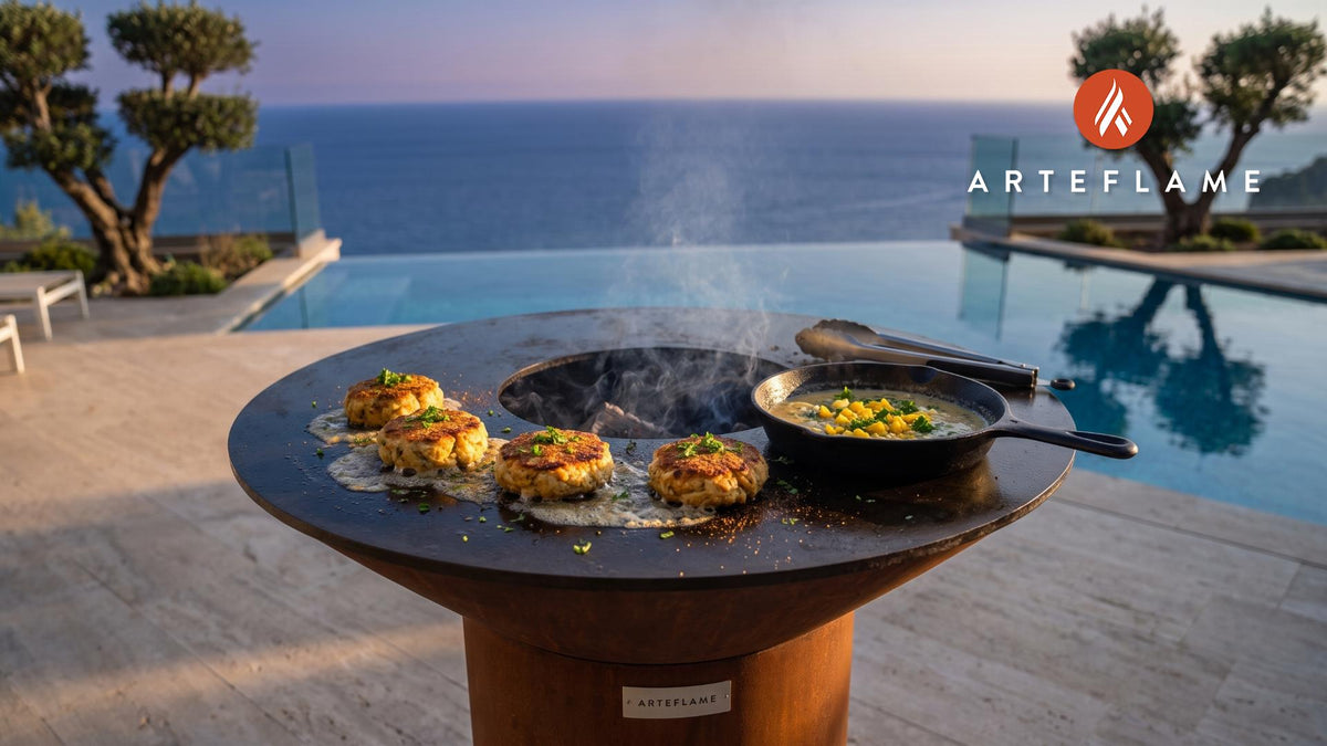Grilled She-Crab Cakes (South Carolina Style) cooking on an Arteflame grill