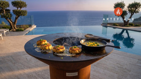 Grilled She-Crab Cakes (South Carolina Style) cooking on an Arteflame grill