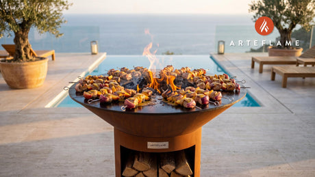 Grilled Pork & Peach Skewers (South Carolina Style) cooking on an Arteflame grill