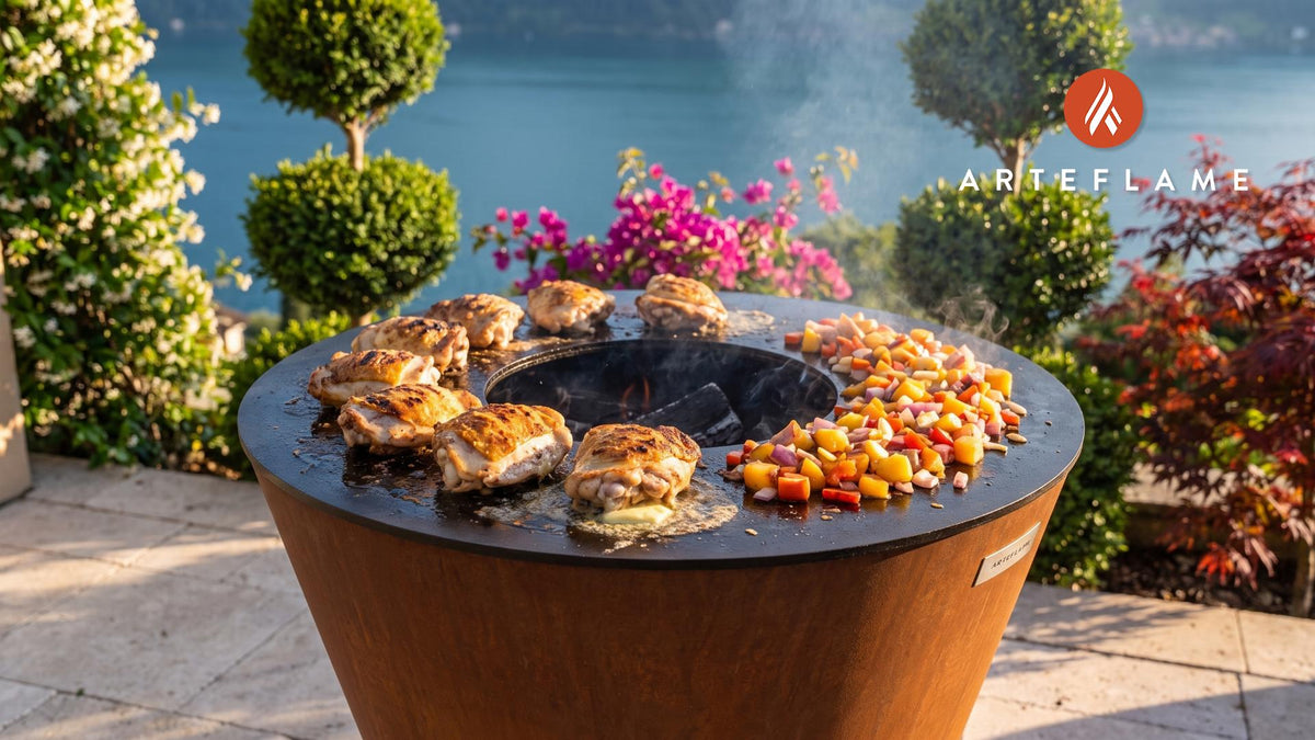 Grilled Chicken with Peach Chutney (South Carolina Style) cooking on an Arteflame grill