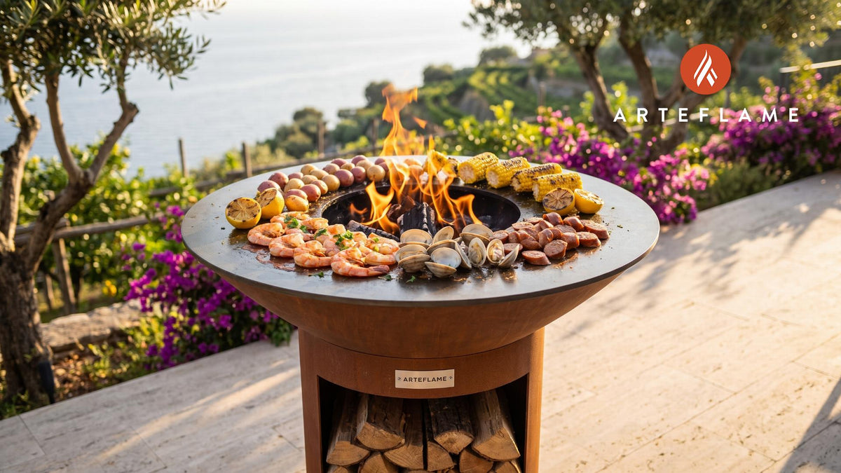 Seared BBQ Shrimp & Clams (South Carolina Style) cooking on an Arteflame grill