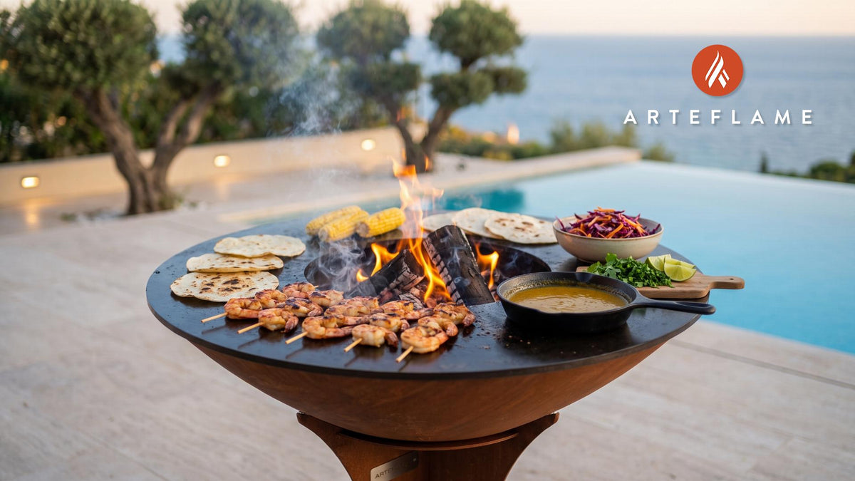 Grilled BBQ Shrimp Tacos (South Carolina Style) cooking on an Arteflame grill