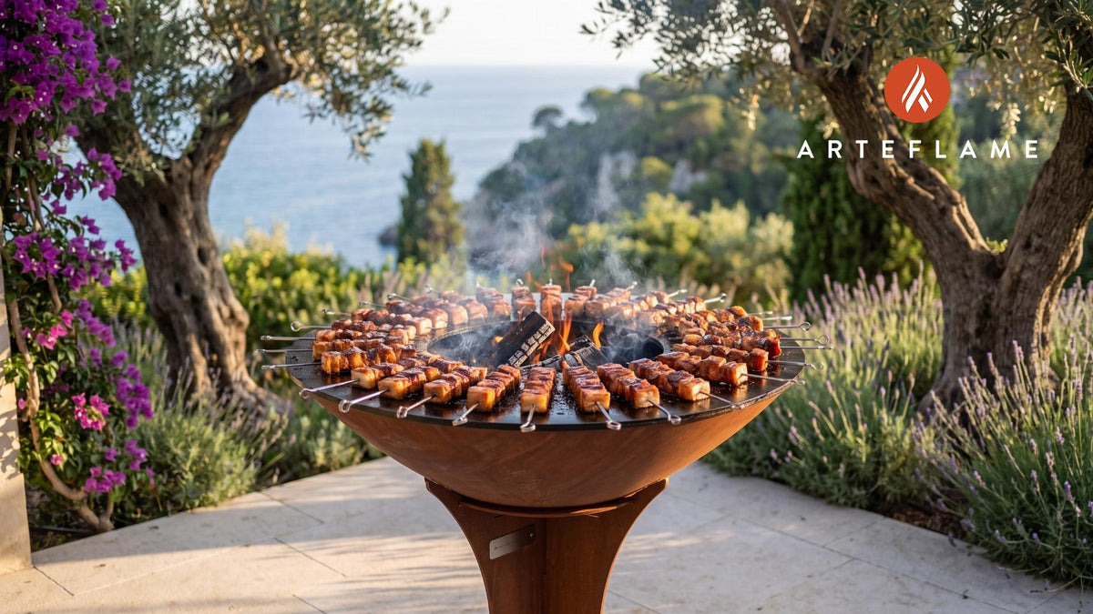 Juicy BBQ Pork Belly Skewers (Tennessee Style) cooking on an Arteflame grill