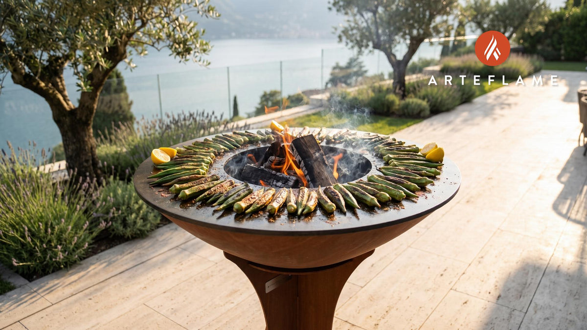Charred Grilled Okra with Creole Seasoning (Tennessee Style) cooking on an Arteflame grill