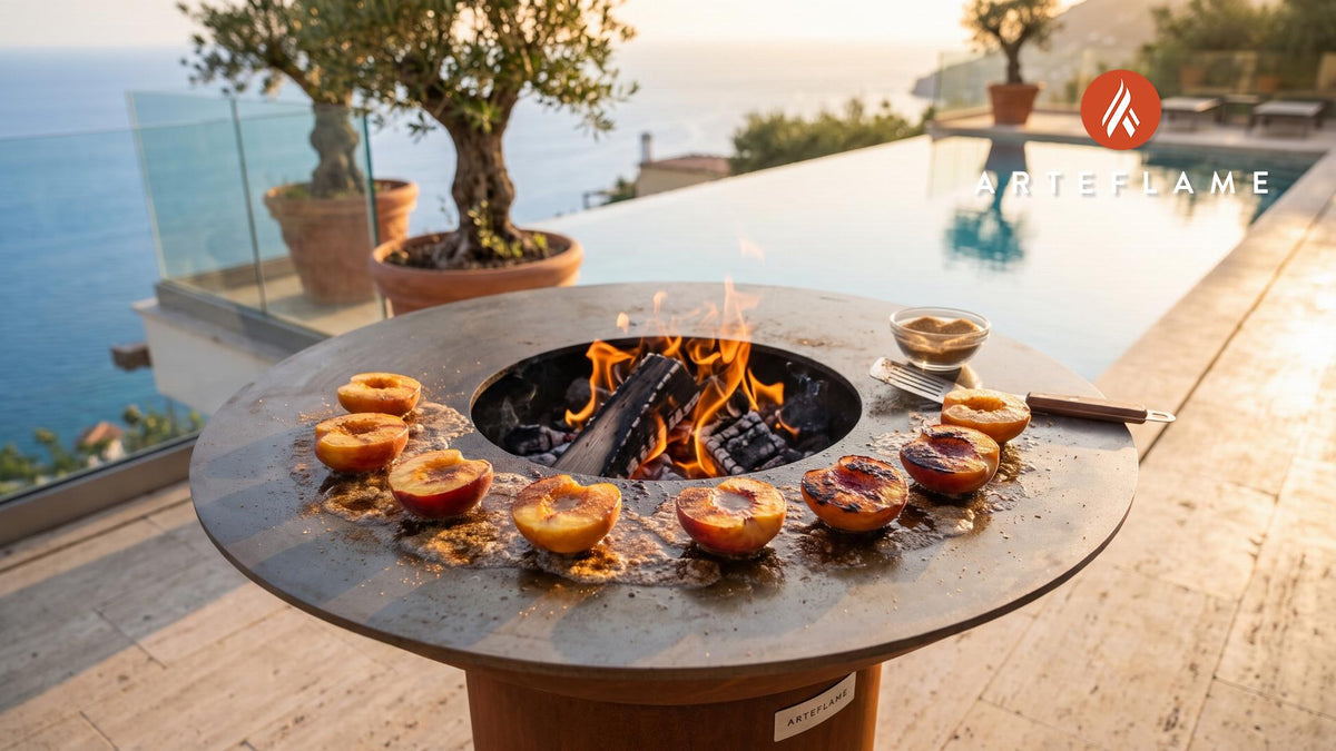 Charred Peaches with Brown Sugar (Tennessee Style) cooking on an Arteflame grill