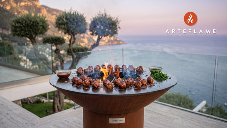 Wood-Fired BBQ Meatballs (Tennessee Whiskey Style) cooking on an Arteflame grill