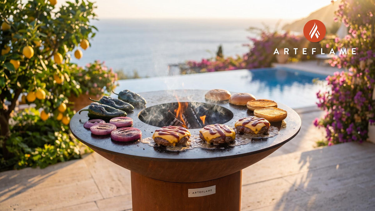 Cheeseburgers with Charred Poblanos (Texas Style) cooking on an Arteflame grill
