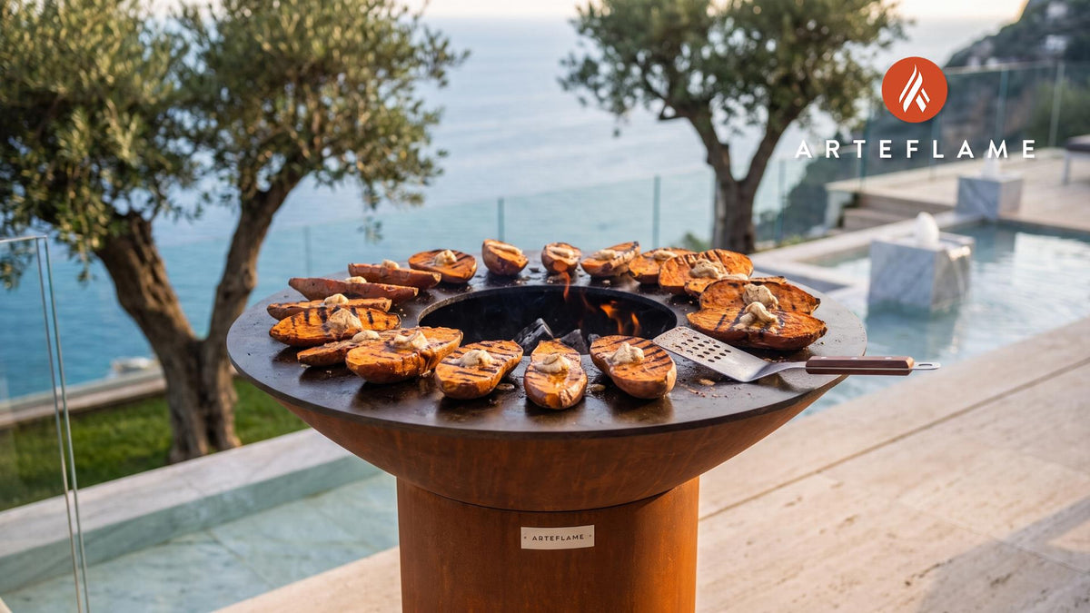 Grilled Sweet Potatoes with Honey Butter (Texas Style) cooking on an Arteflame grill