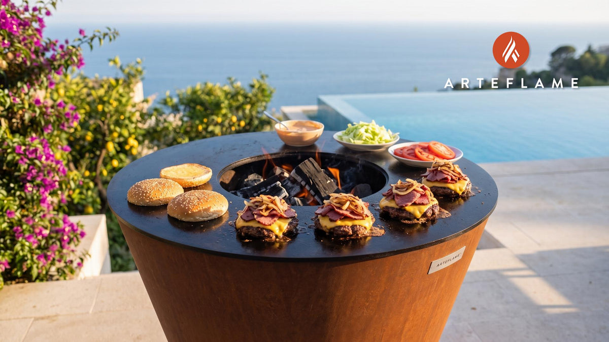 Pastrami Burgers (Utah Style) cooking on an Arteflame grill