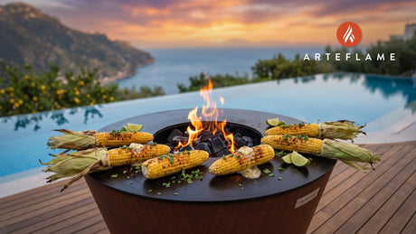 Charred Corn with Lime Butter (Utah Style) cooking on an Arteflame grill