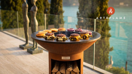 Hatch Chile Cheese Stuffed Burgers (Utah Style) cooking on an Arteflame grill