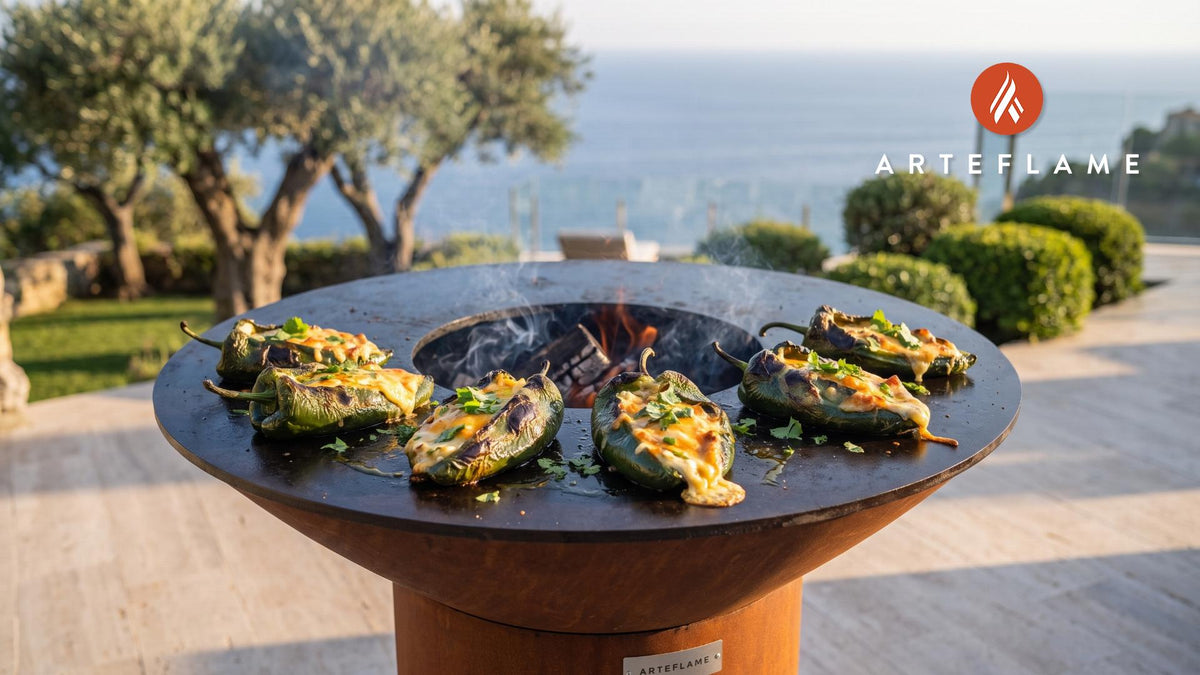 Cheese Stuffed Poblanos (Utah Mesquite Style) cooking on an Arteflame grill