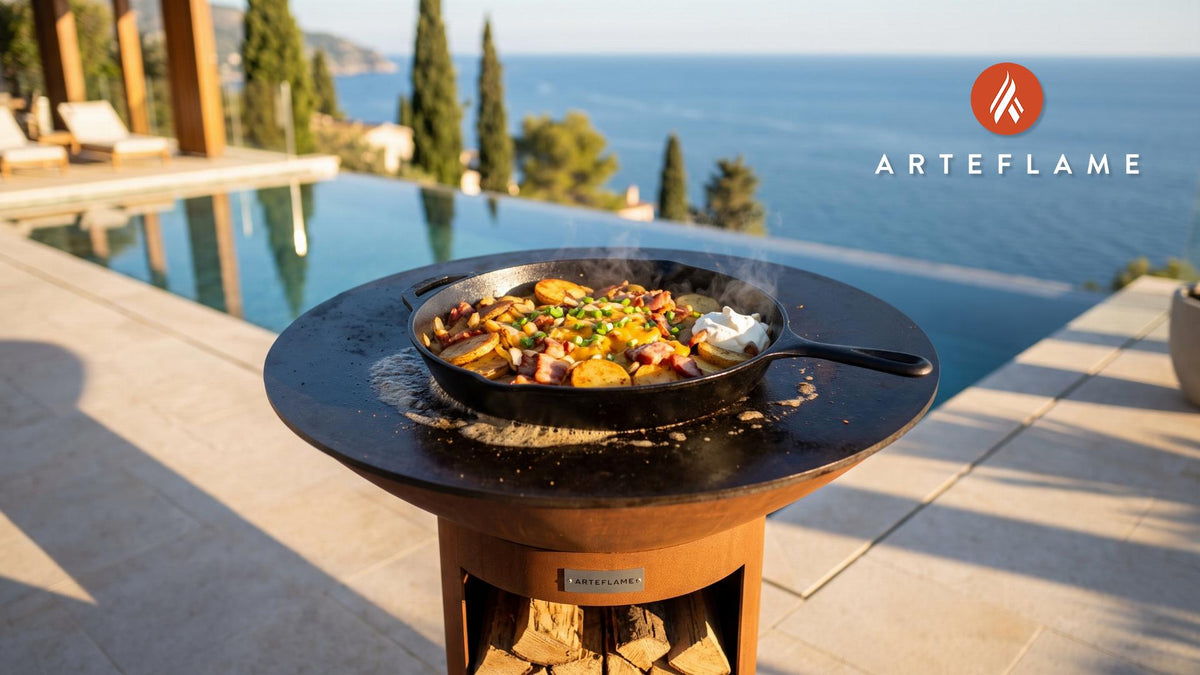 Crispy Skillet Potatoes (Utah Campfire Style) cooking on an Arteflame grill
