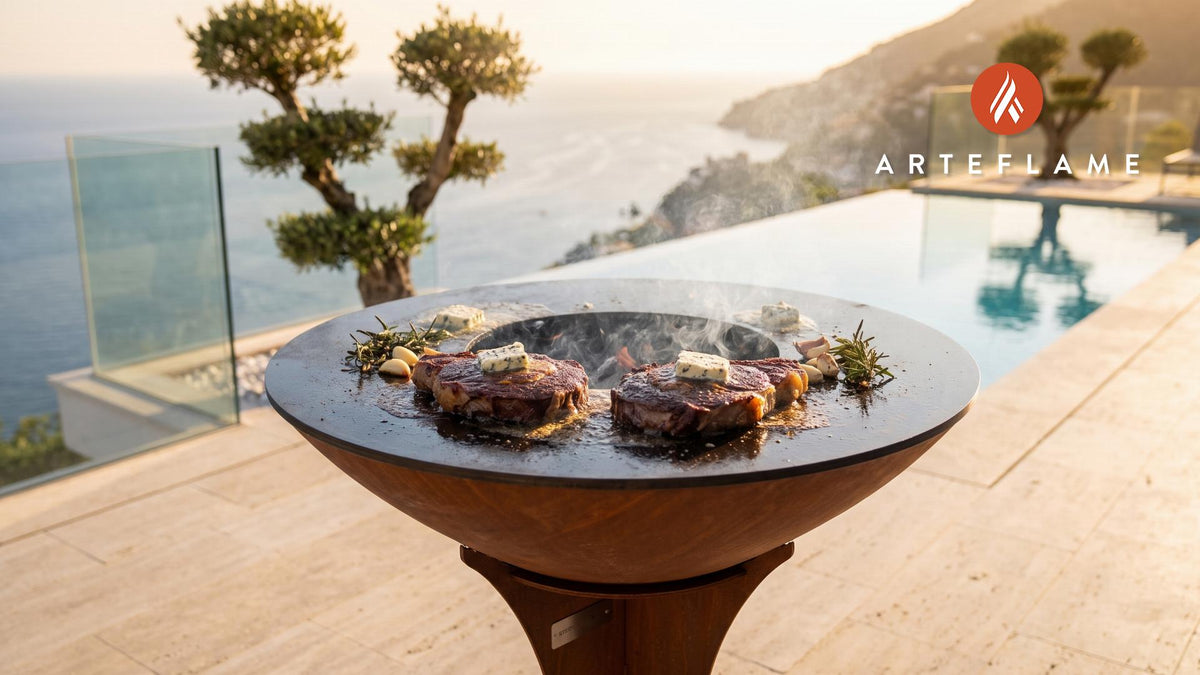 Seared Bison Ribeye with Smoky Blue Cheese Butter (Utah Style) cooking on an Arteflame grill