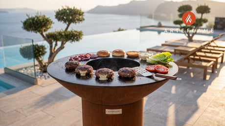 Juicy Stuffed Burgers (Vermont Cheddar) cooking on an Arteflame grill